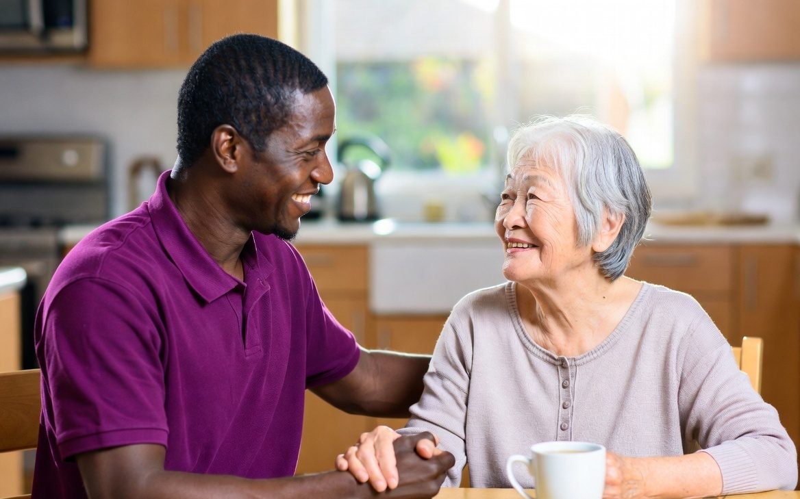 A support worker and an older woman laughing together over a cup of tea at a kitchen table