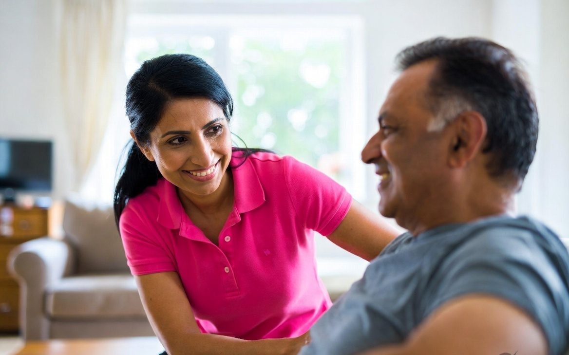 A support worker chatting warmly with a participant at home